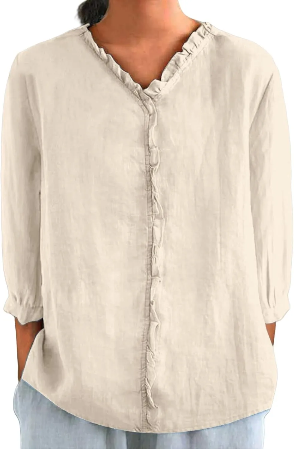 Collared Boho Linen Tops for Women 3/4 Sleeve Print Blouses Dressy Casual Vintage Graphic Shirts Loose Pullover Tops