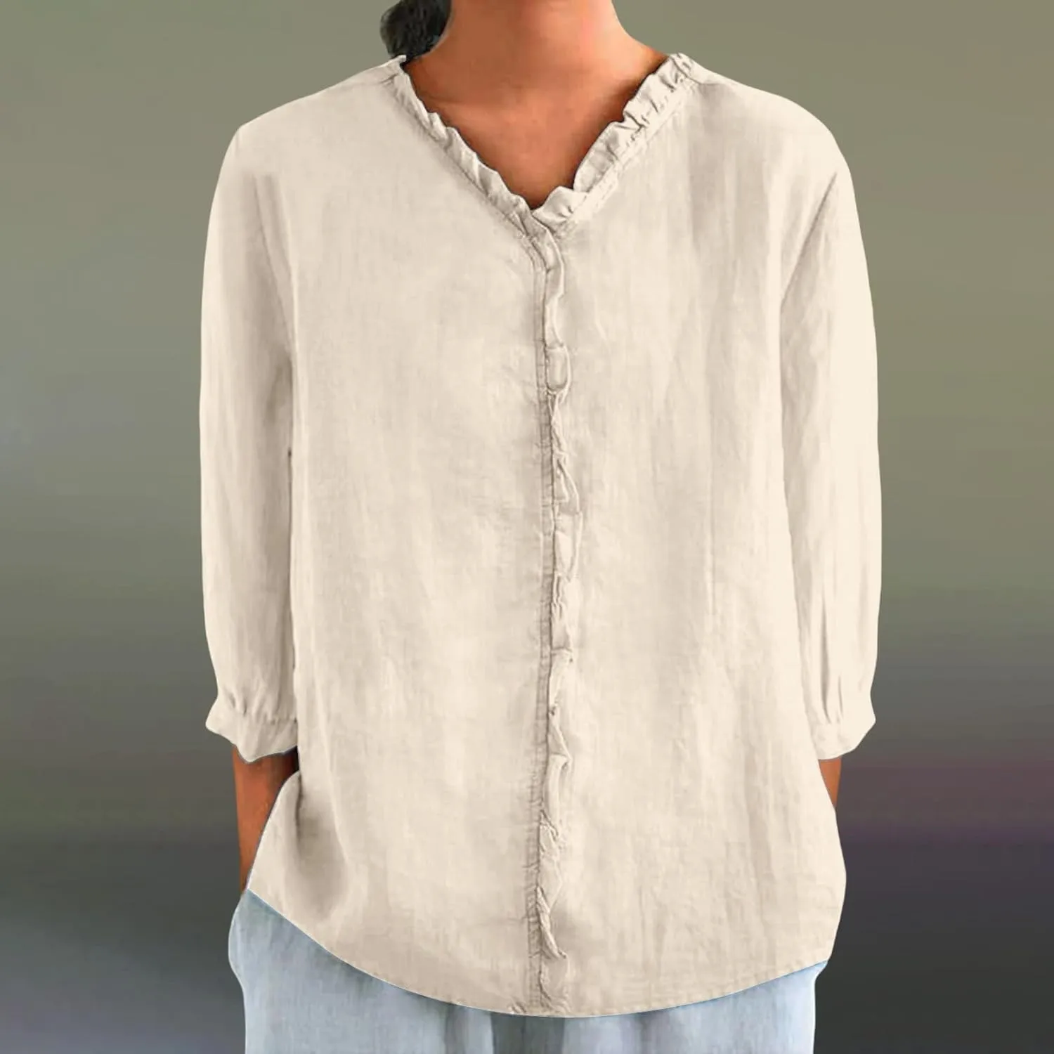 Collared Boho Linen Tops for Women 3/4 Sleeve Print Blouses Dressy Casual Vintage Graphic Shirts Loose Pullover Tops