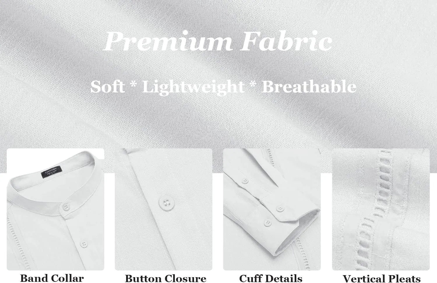 COOFANDY Men's Cuban Guayabera Shirts Casual Long Sleeve Button Down Shirts Band Collar Linen Summer Beach Shirts