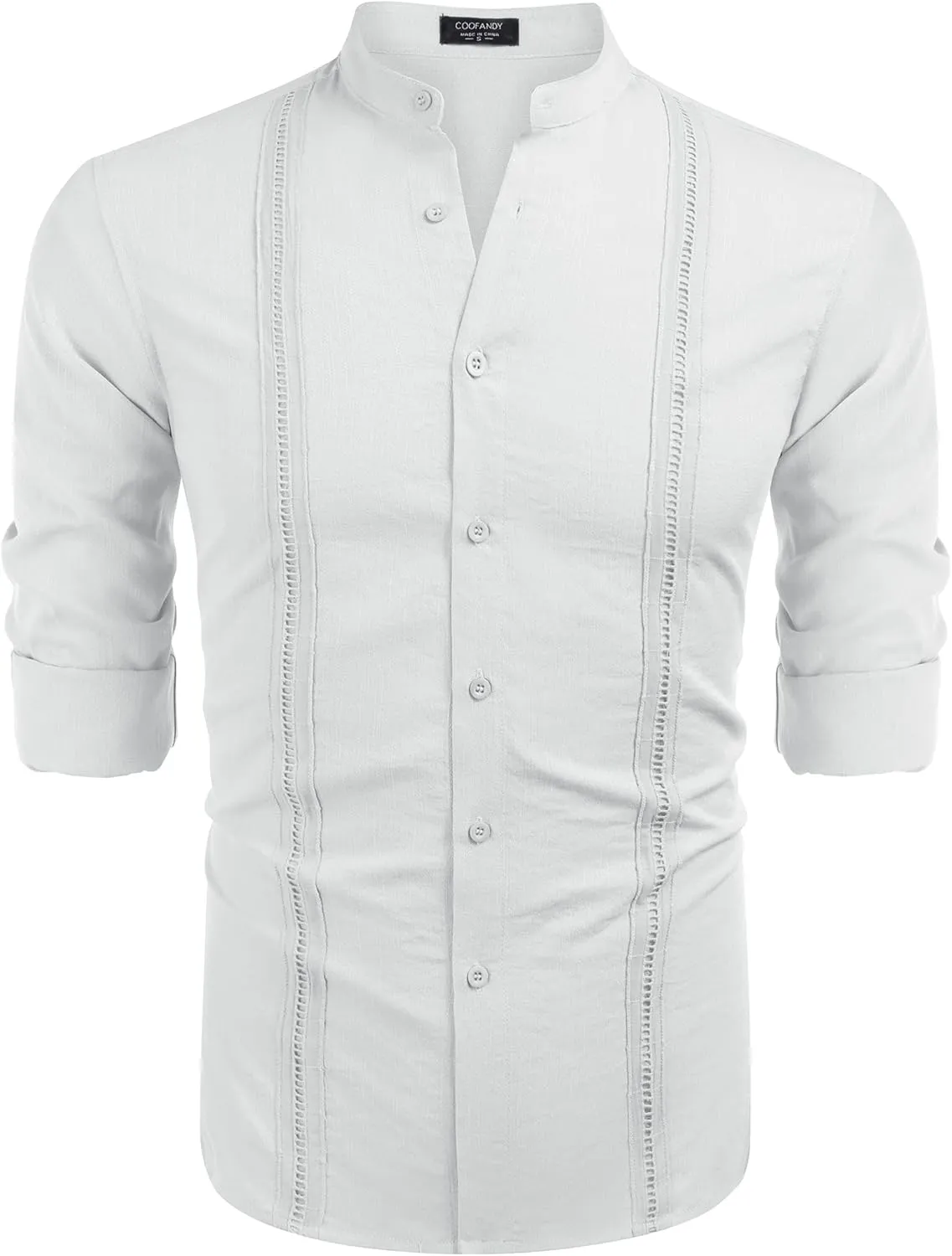 COOFANDY Men's Cuban Guayabera Shirts Casual Long Sleeve Button Down Shirts Band Collar Linen Summer Beach Shirts
