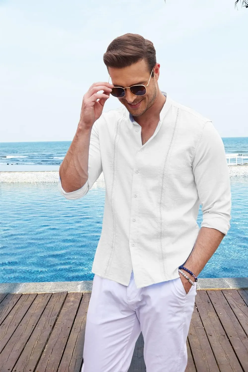 COOFANDY Men's Cuban Guayabera Shirts Casual Long Sleeve Button Down Shirts Band Collar Linen Summer Beach Shirts
