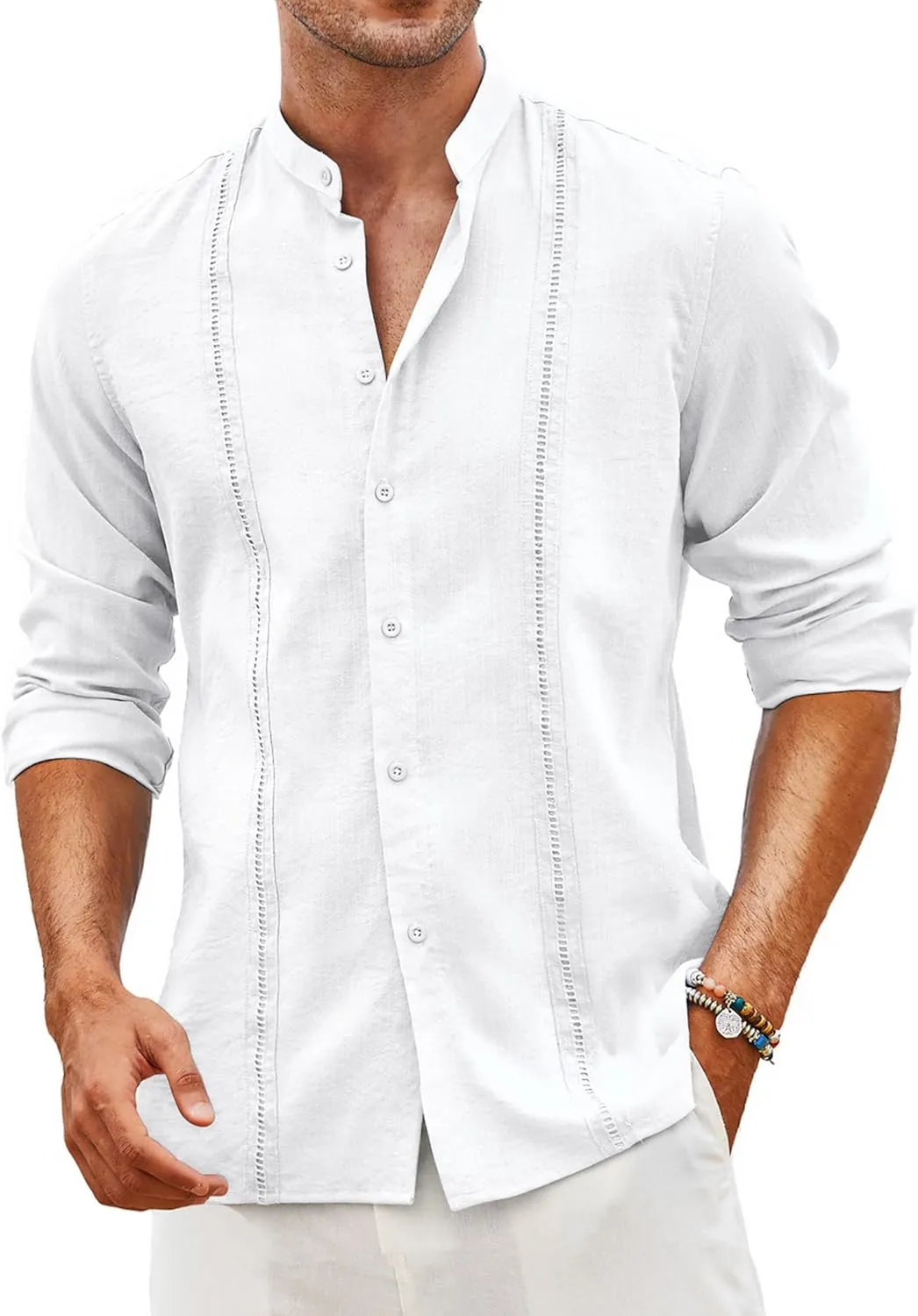 COOFANDY Men's Cuban Guayabera Shirts Casual Long Sleeve Button Down Shirts Band Collar Linen Summer Beach Shirts