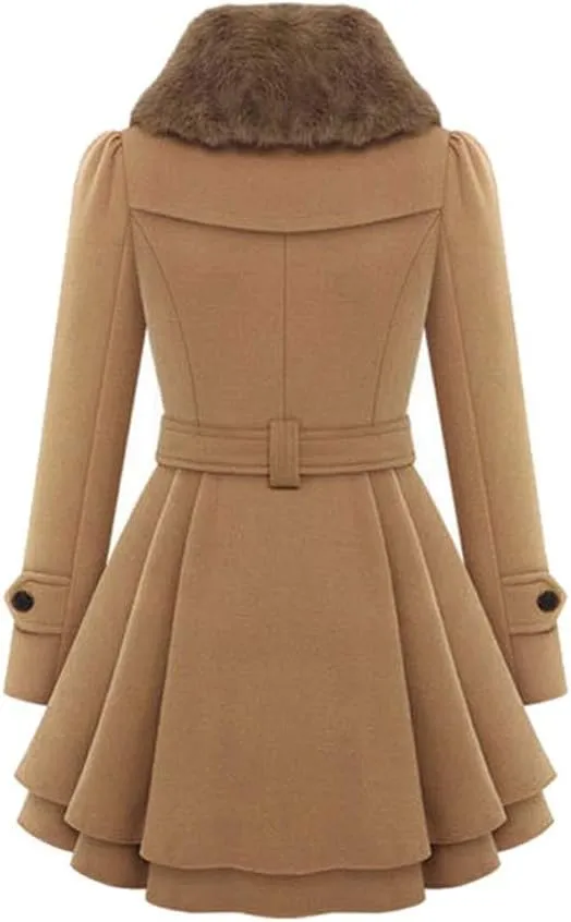 cooki Womens Swing Double Breasted Wool Pea Coat with Belt Warm Thicken Fleece Lined Warm Winter Coats for Women