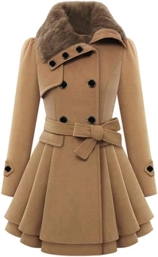 cooki Womens Swing Double Breasted Wool Pea Coat with Belt Warm Thicken Fleece Lined Warm Winter Coats for Women