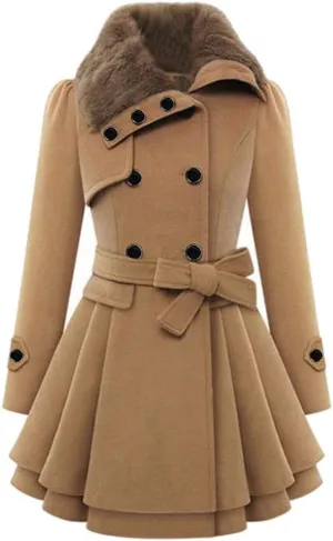 cooki Womens Swing Double Breasted Wool Pea Coat with Belt Warm Thicken Fleece Lined Warm Winter Coats for Women
