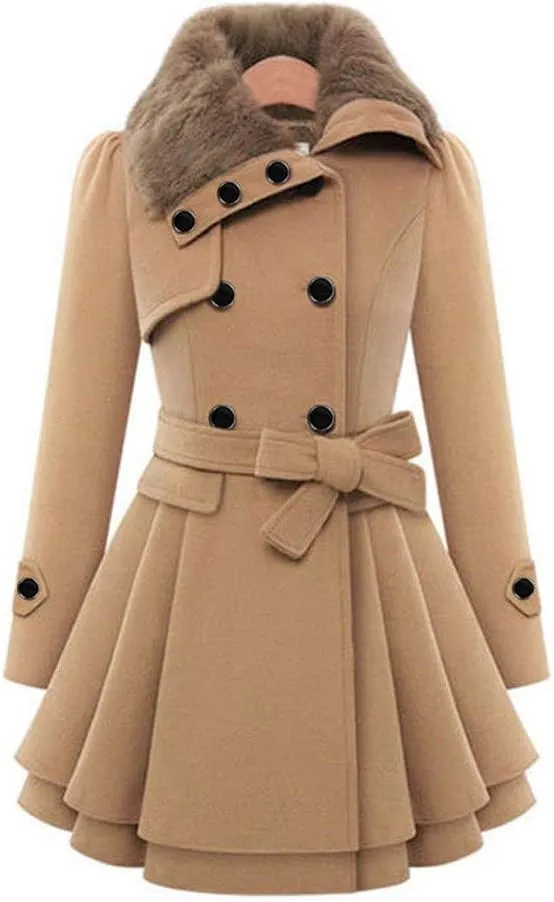 cooki Womens Swing Double Breasted Wool Pea Coat with Belt Warm Thicken Fleece Lined Warm Winter Coats for Women
