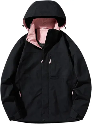 cooki Womens Winter Coats Women's Waterproof Raincoat Outdoor Fall Hooded Rain Jacket Zip Up Solid Windbreaker Trench Jacket