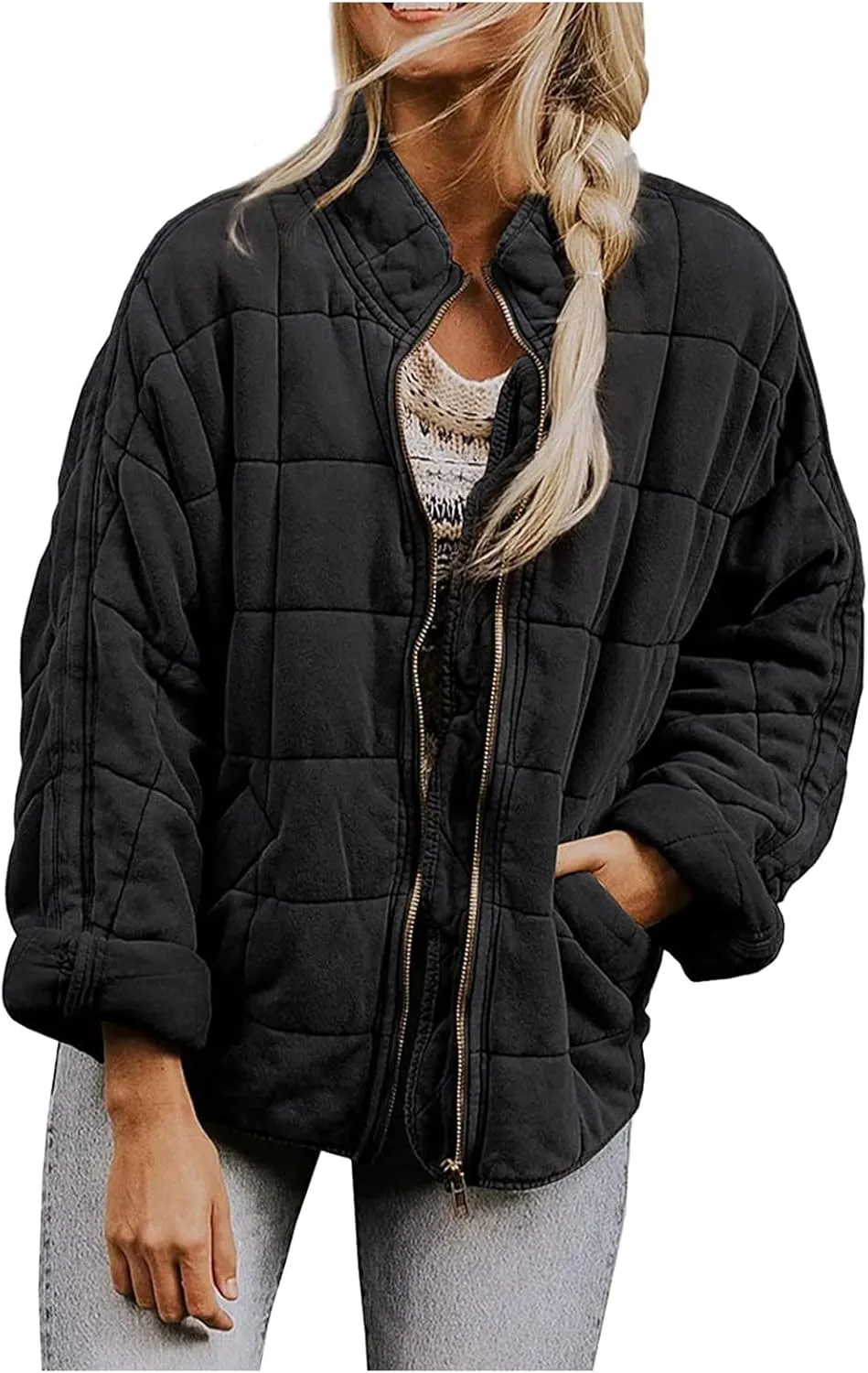 COTECRAM Winter Coats for Women Casual Fashion Plus Size Quilted Jackets Long Sleeve Zip Up Plaid Puffer Jacket Warm Outwear