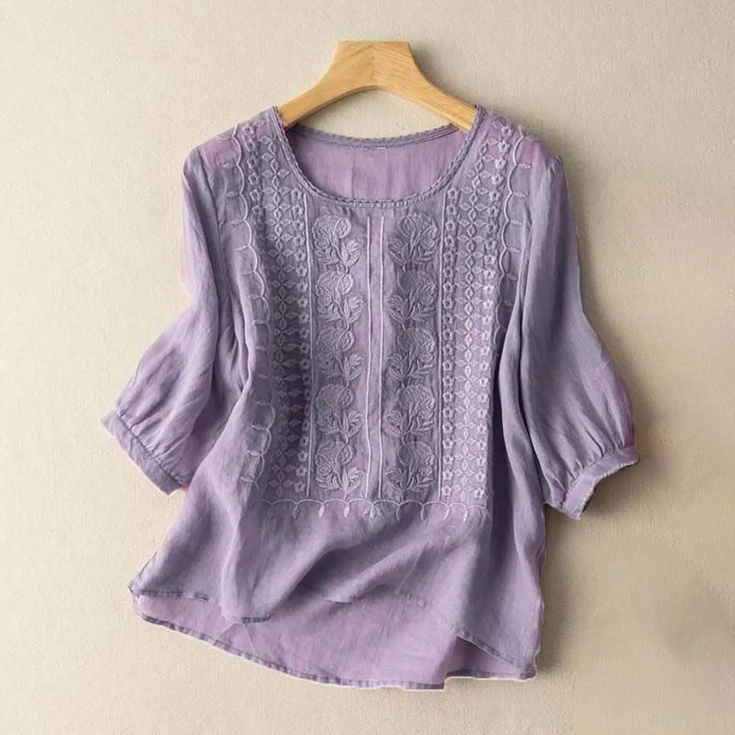 Cotton Linen Embroidered Tops for Women 3/4 Sleeve Casual Summer Retro Floral Blouses Vacation Boho Pullover Tops