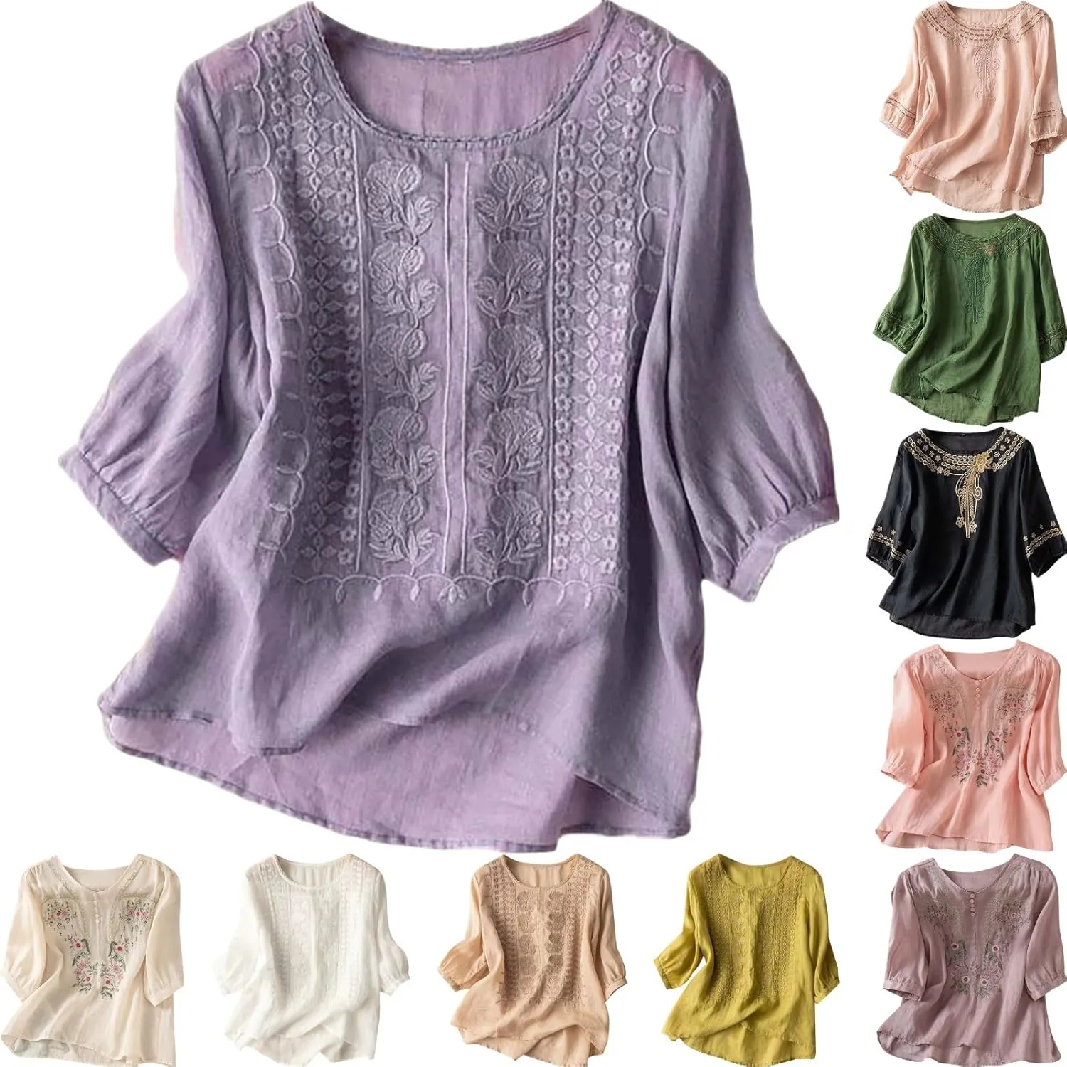 Cotton Linen Embroidered Tops for Women 3/4 Sleeve Casual Summer Retro Floral Blouses Vacation Boho Pullover Tops