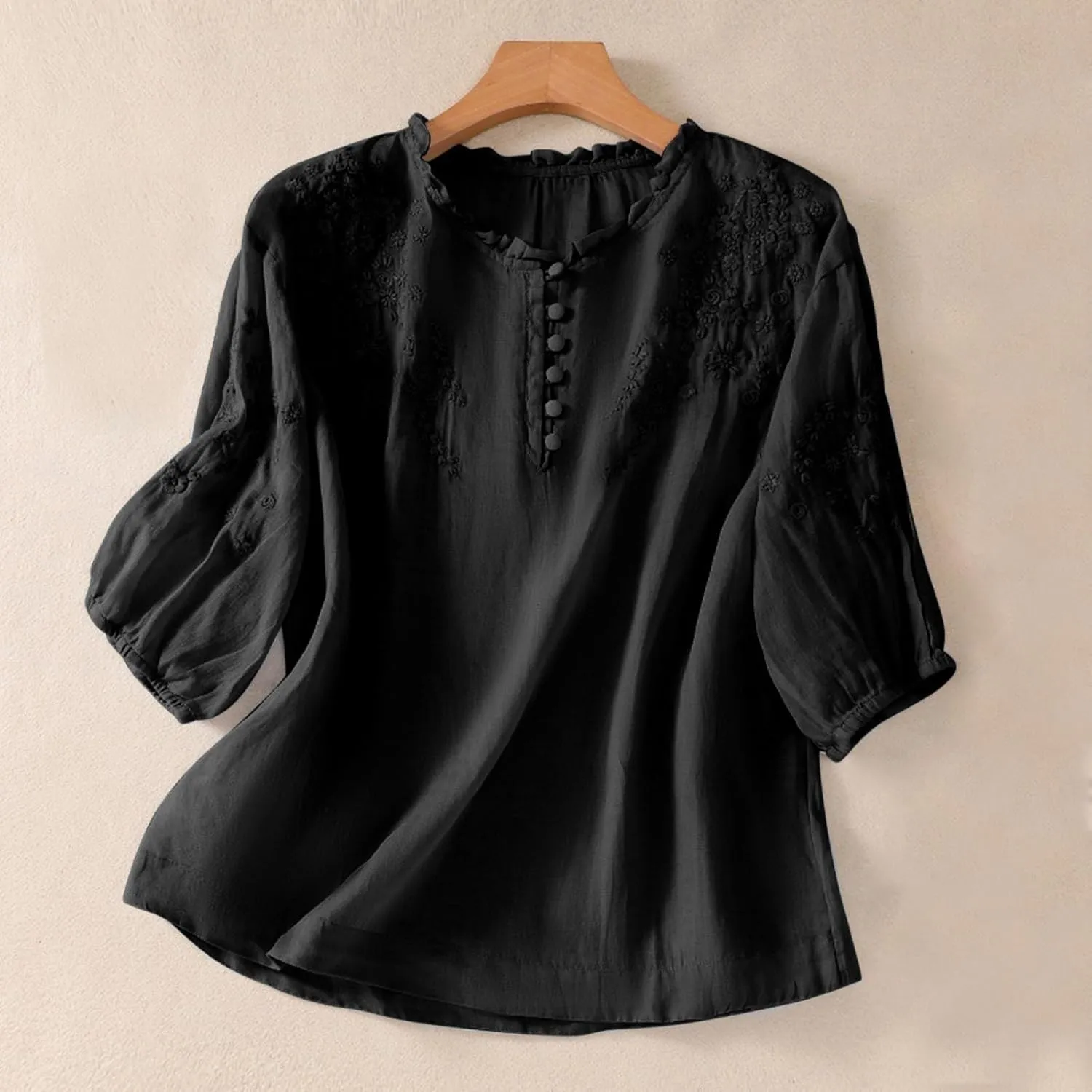 Cotton Linen Shirt for Women 2025 Summer Crewneck Button Embroidered Short Sleeve Boho Blouse Dressy Casual Vacation Top