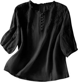 Cotton Linen Shirt for Women 2025 Summer Crewneck Button Embroidered Short Sleeve Boho Blouse Dressy Casual Vacation Top