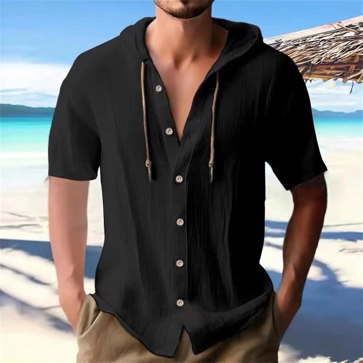 Cotton Linen Shirts for Men Summer Short Sleeve V Neck Button Down Shirt with Hood Drying Breathable Beach Hooies