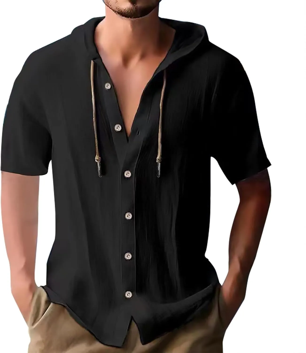 Cotton Linen Shirts for Men Summer Short Sleeve V Neck Button Down Shirt with Hood Drying Breathable Beach Hooies