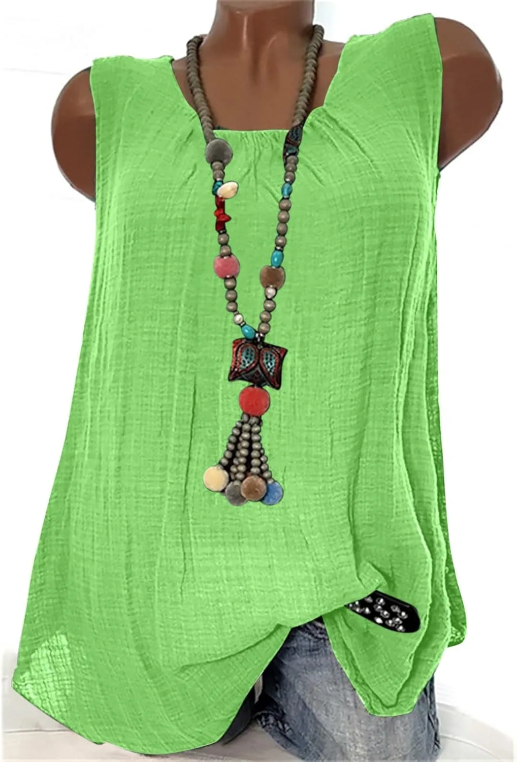 Cotton Linen Tank Tops for Women Cotton Gauze Crewneck Solid Color Sleeveless Shirt Plus Size Summer Shirts