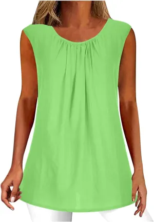 Cotton Linen Tank Tops for Women Cotton Gauze Crewneck Solid Color Sleeveless Shirt Plus Size Summer Shirts