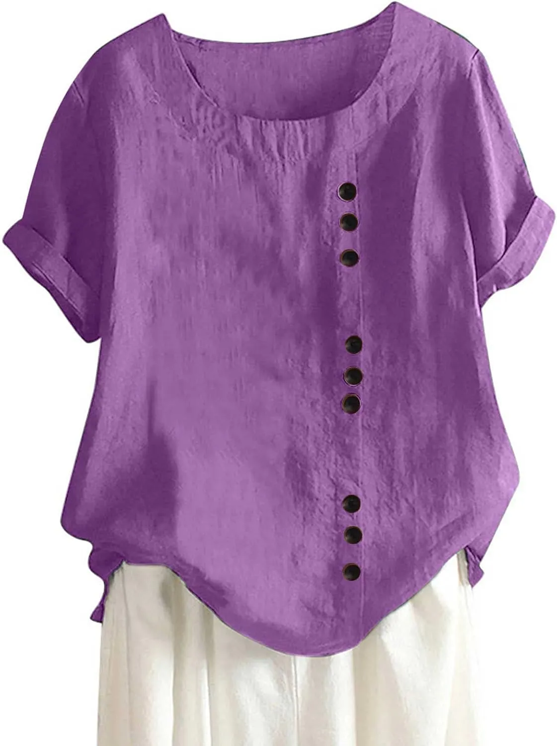 Cotton T Shirts Women Short Sleeve Crewneck Button Down Cotton Linen Blouses Causal Dressy Summer Beach Tops Pullover