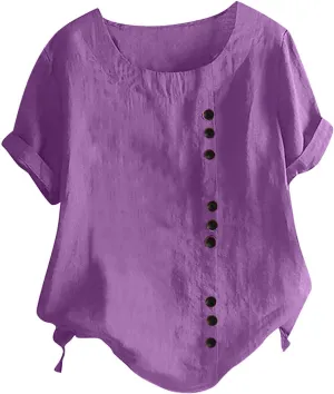 Cotton T Shirts Women Short Sleeve Crewneck Button Down Cotton Linen Blouses Causal Dressy Summer Beach Tops Pullover