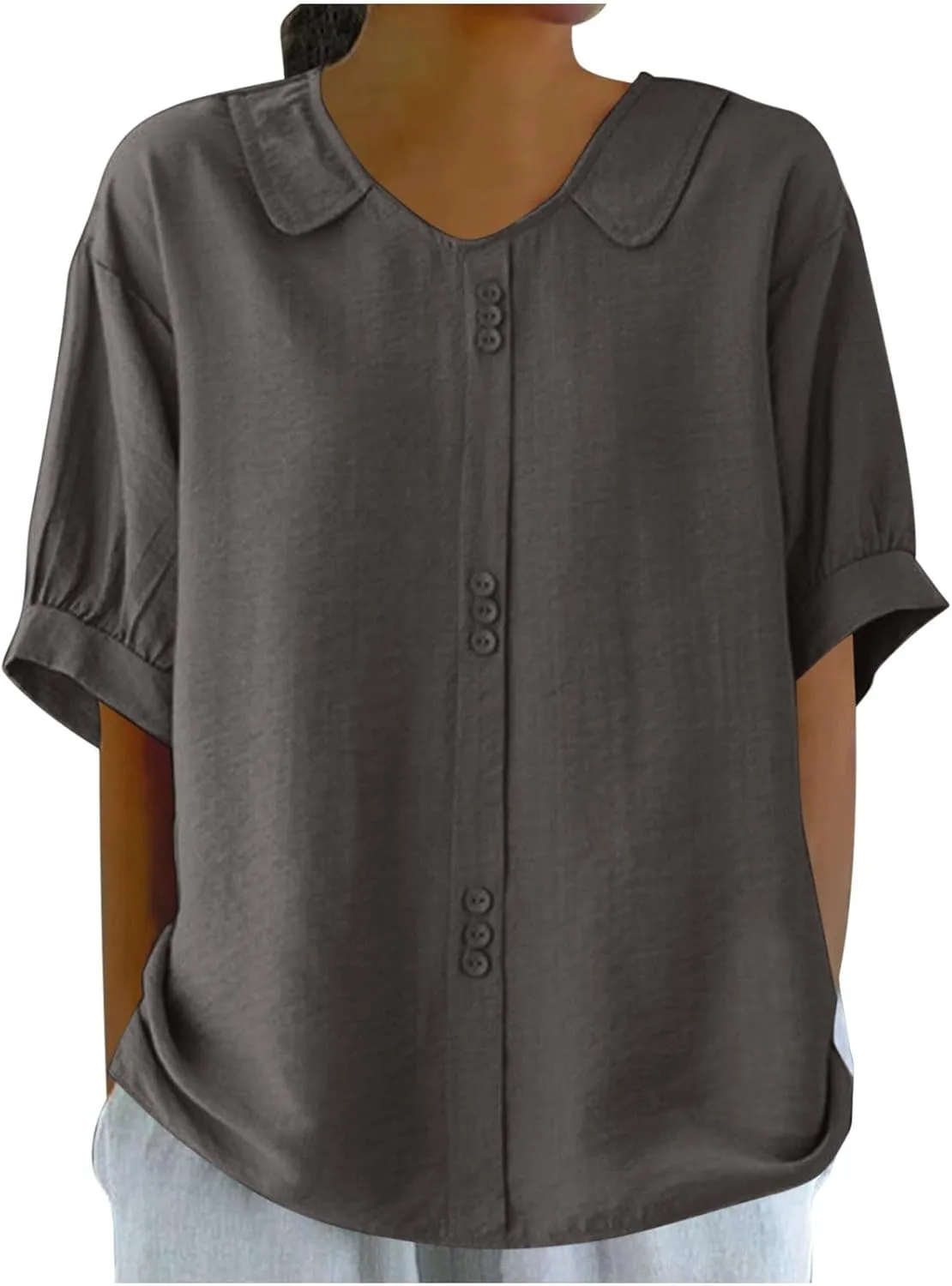 Cotton Tee Shirts for Women 2024 Fashion Short Sleeve V Neck Cotton Linen Top Loose Fit Solid Blouse Ladies Clothes