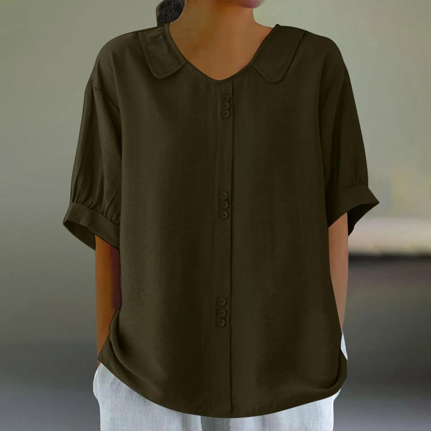 Cotton Tee Shirts for Women 2024 Fashion Short Sleeve V Neck Cotton Linen Top Loose Fit Solid Blouse Ladies Clothes