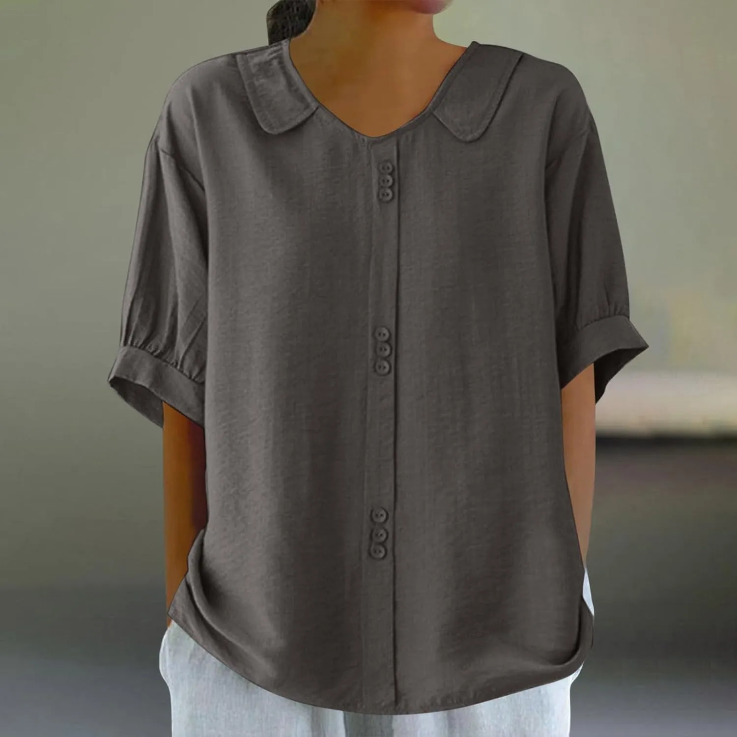 Cotton Tee Shirts for Women 2024 Fashion Short Sleeve V Neck Cotton Linen Top Loose Fit Solid Blouse Ladies Clothes