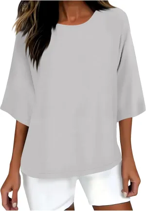 Cotton Tshirts for Women Casual Linen Tops Loose Fit Half Sleeve Plain Shirts Soft Crewneck Summer Cotton Linen Tops