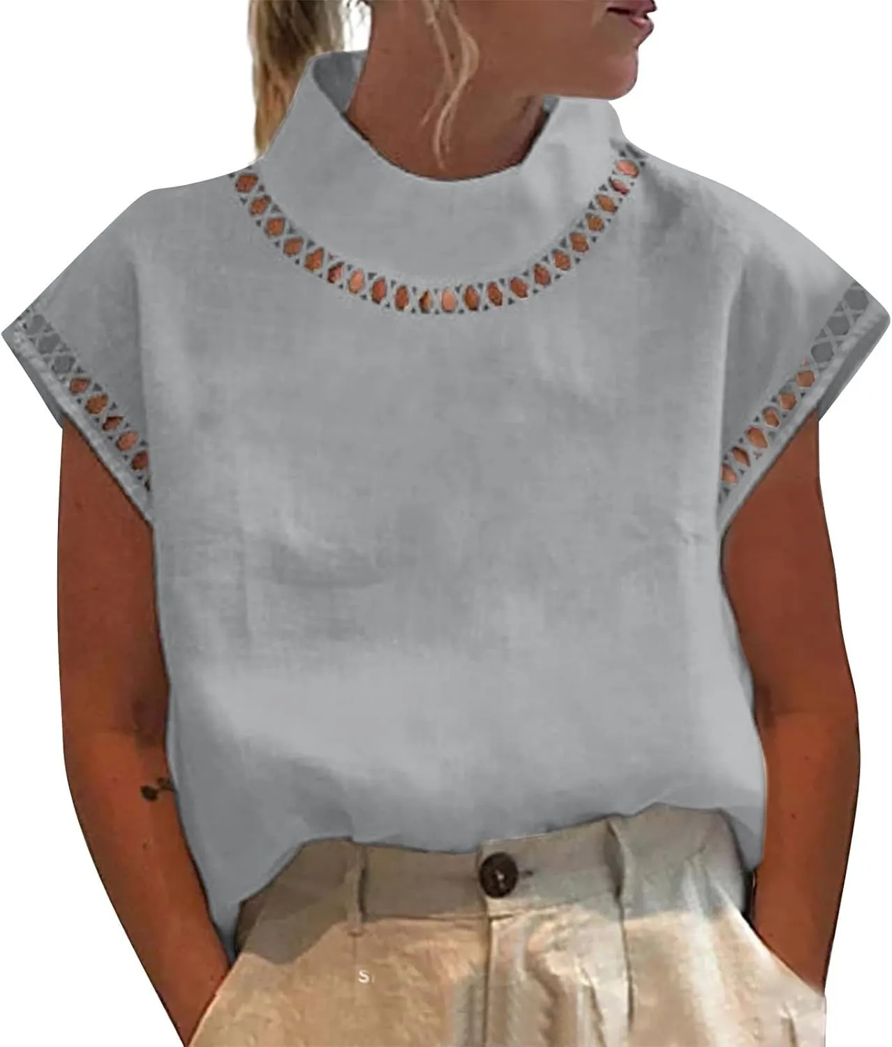 Cotton Tshirts for Women Elegant Cap Sleeve Solid Cotton Linen Tops Summer Fashion Blouse Going Out Trendy Clothes