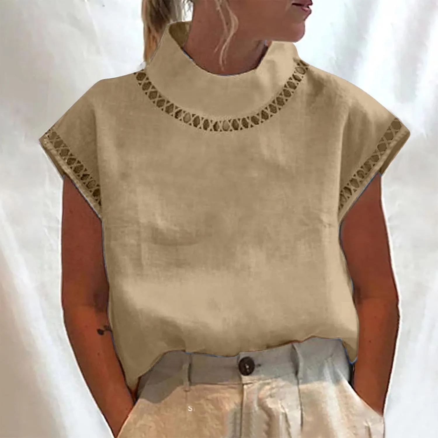 Cotton Tshirts for Women Elegant Cap Sleeve Solid Cotton Linen Tops Summer Fashion Blouse Going Out Trendy Clothes