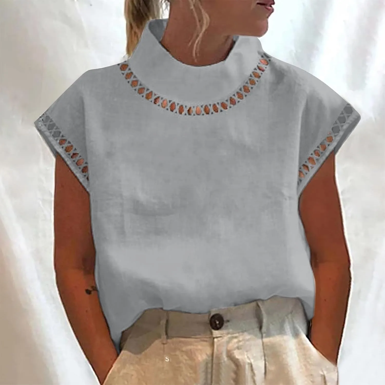 Cotton Tshirts for Women Elegant Cap Sleeve Solid Cotton Linen Tops Summer Fashion Blouse Going Out Trendy Clothes