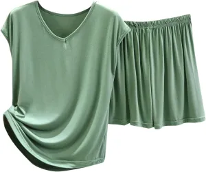 Cotton Two Piece Lounge Set for Women Summer Comfy Loose Plus Size two Piece Sets Casual Top And Shorts Pajamas Sets