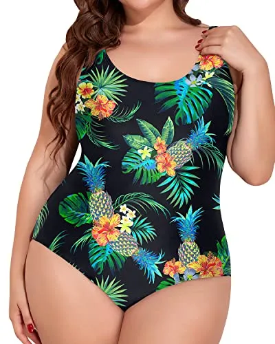 Crisscross Straps One Piece Swimsuit For Women Plus Size Sporty Swimwear-Black Pineapple