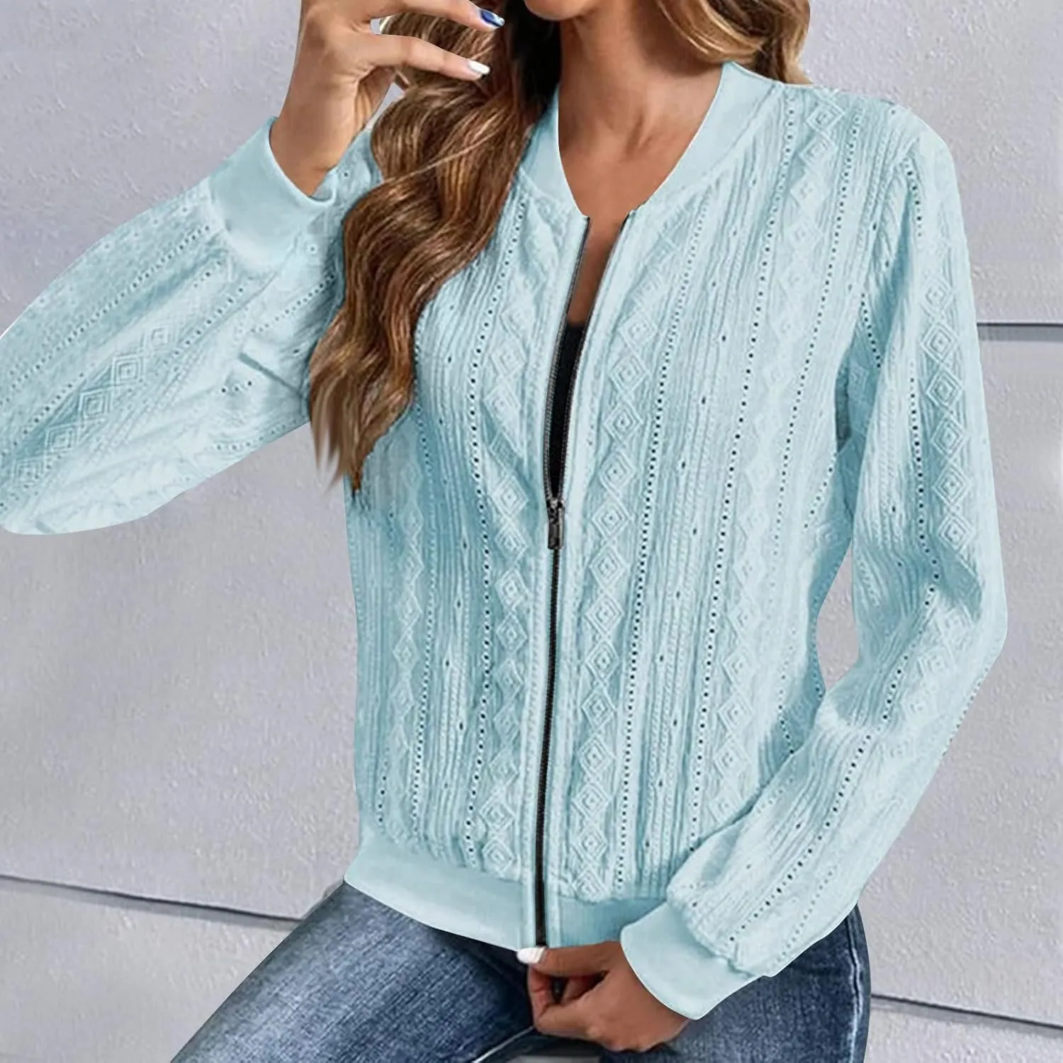 Crochet Bomber Jacket for Women Long Sleeve Zip Up Lightweight Coats Zipper Blouses Hollow Spring Outerwear Cover Ups