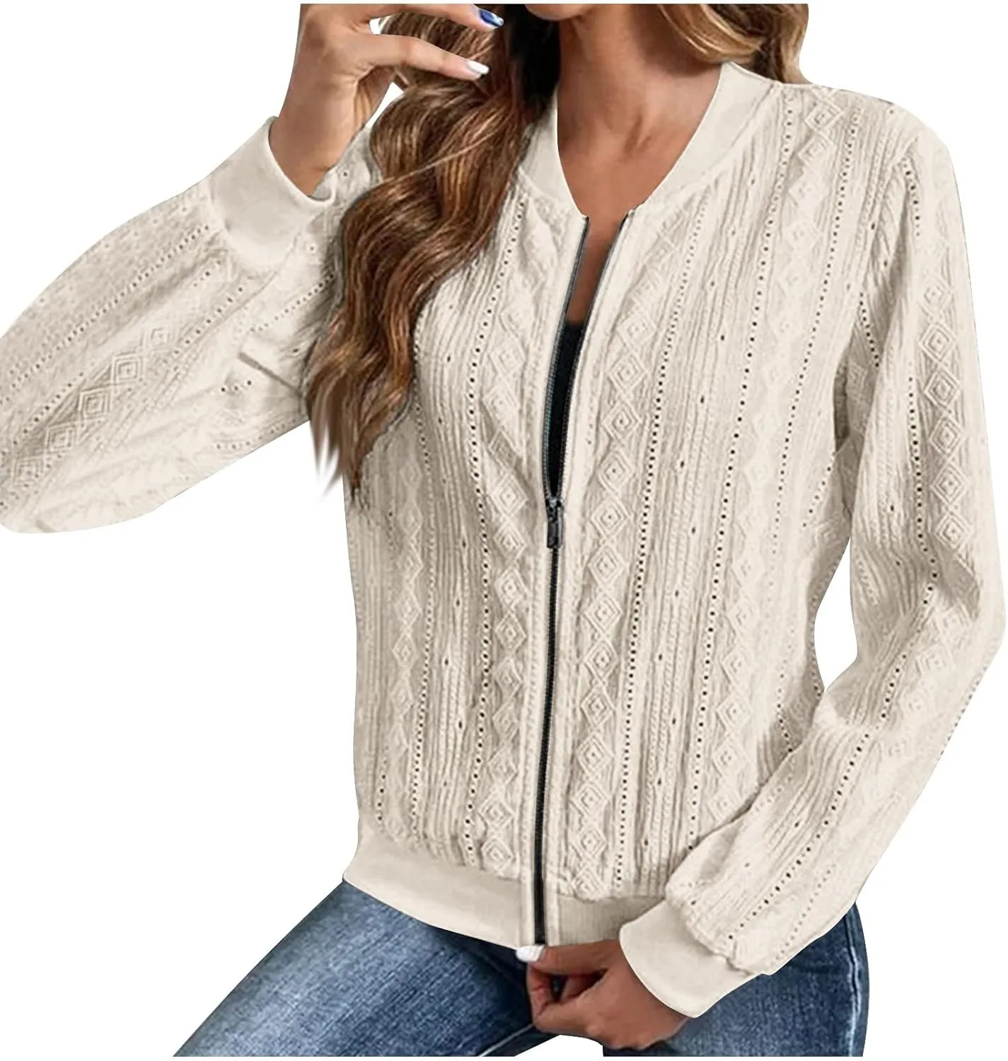 Crochet Bomber Jacket for Women Long Sleeve Zip Up Lightweight Coats Zipper Blouses Hollow Spring Outerwear Cover Ups