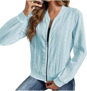 Crochet Bomber Jacket for Women Long Sleeve Zip Up Lightweight Coats Zipper Blouses Hollow Spring Outerwear Cover Ups