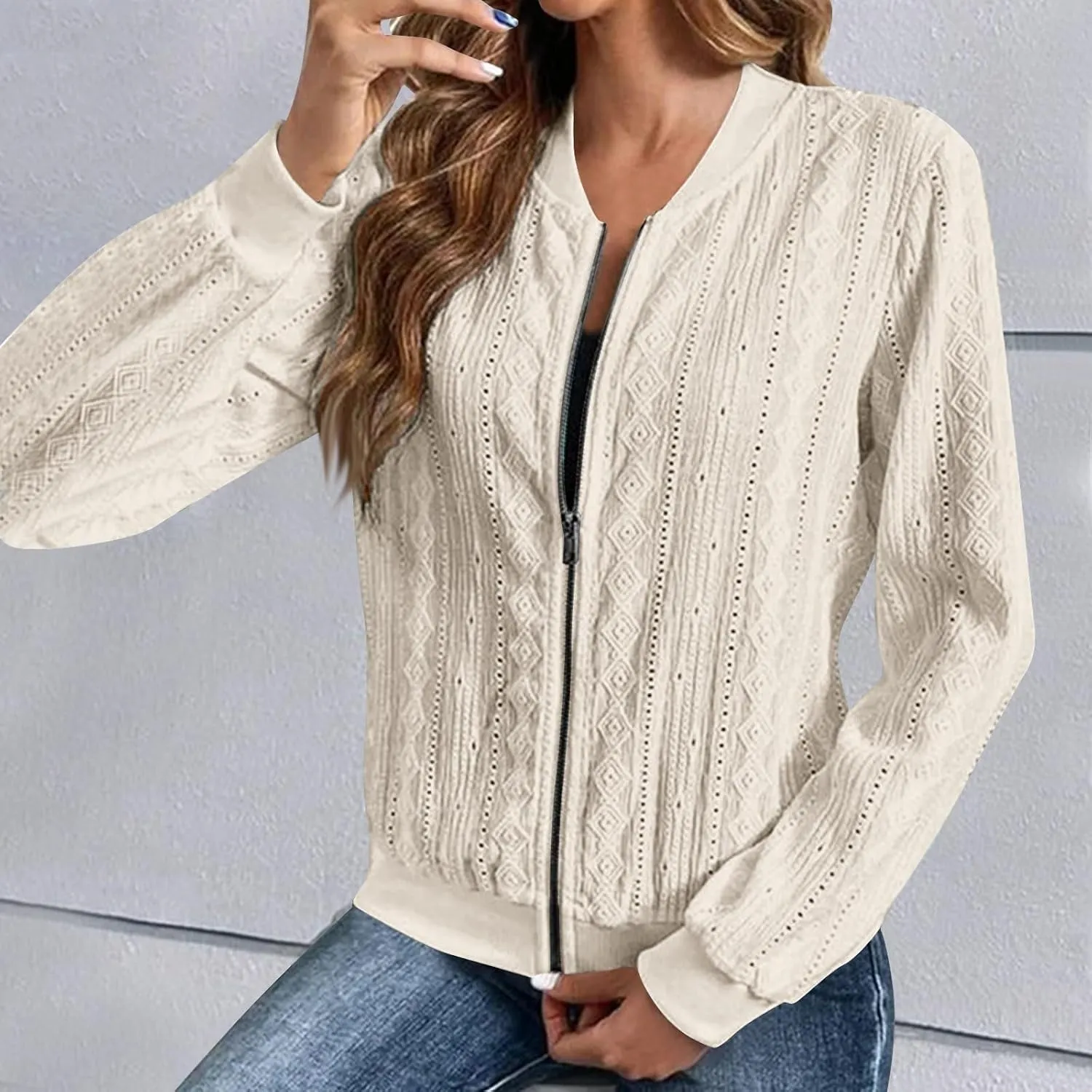 Crochet Bomber Jacket for Women Long Sleeve Zip Up Lightweight Coats Zipper Blouses Hollow Spring Outerwear Cover Ups
