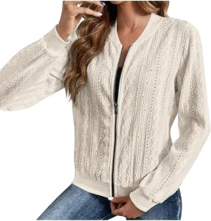 Crochet Bomber Jacket for Women Long Sleeve Zip Up Lightweight Coats Zipper Blouses Hollow Spring Outerwear Cover Ups