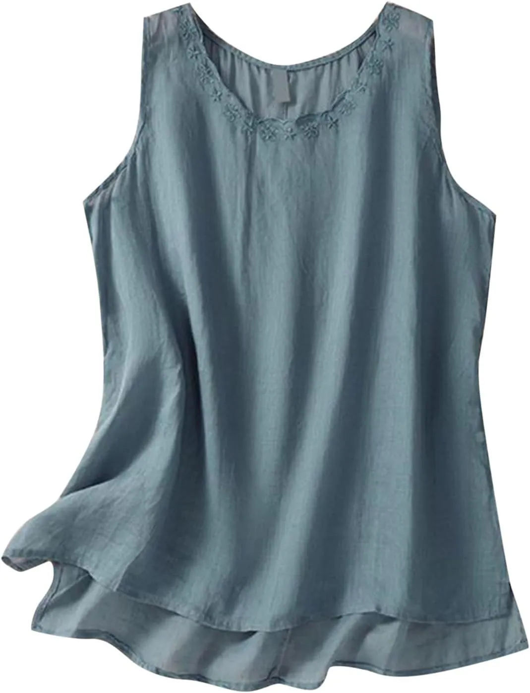 Cute Floral Embroidered Trim Cami Tops Women Summer Cotton Linen Sleeveless V Neck T Shirts Casual Beach T Shirts Undershirts