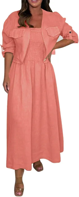 DDAPJ pyju Women's 2 Piece Outfits Casual Rolled Long Sleeve Open Front Cropped Jacket Smocked Sleeveless Maxi Dresses Sets