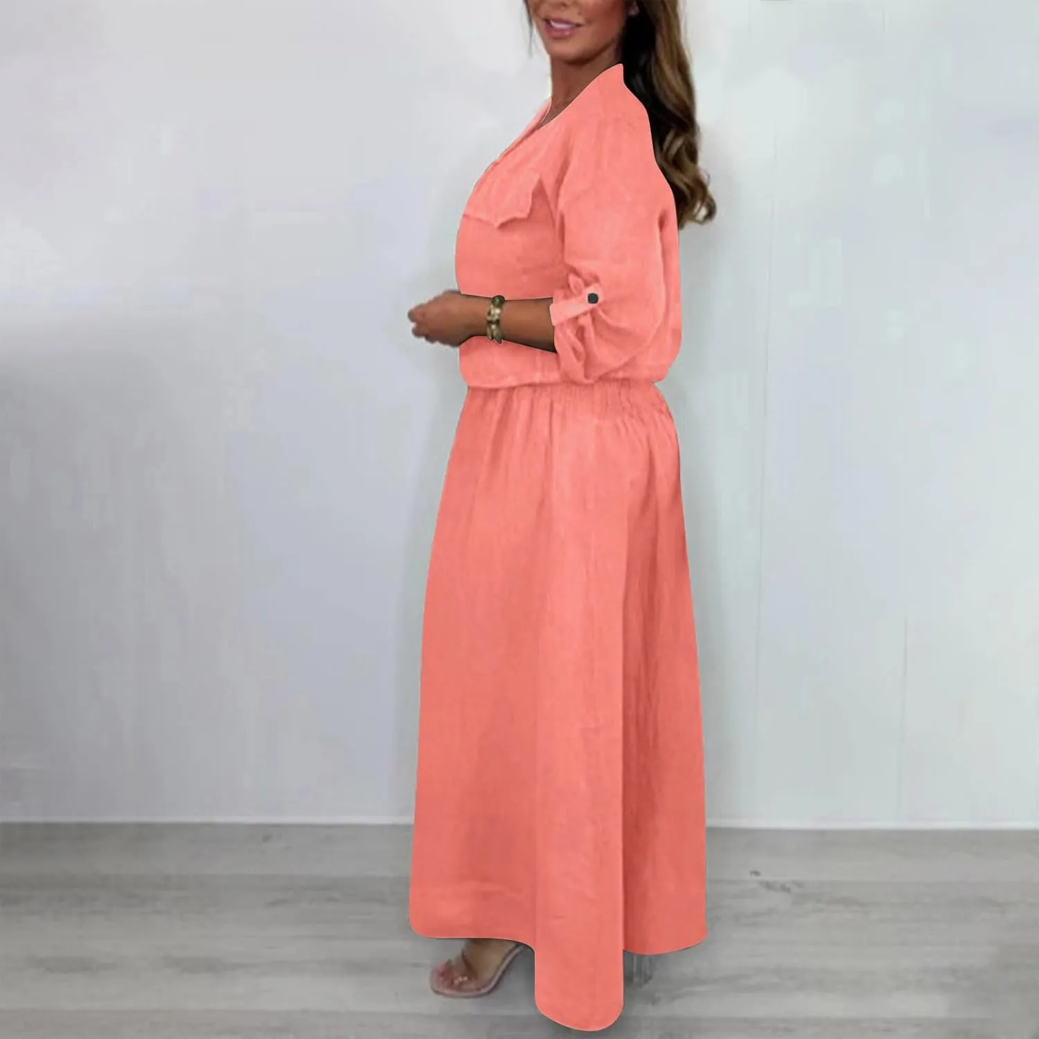 DDAPJ pyju Women's 2 Piece Outfits Casual Rolled Long Sleeve Open Front Cropped Jacket Smocked Sleeveless Maxi Dresses Sets