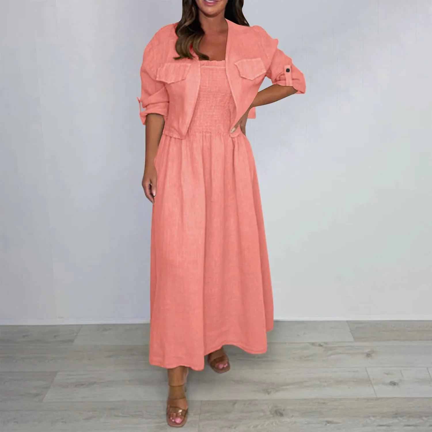 DDAPJ pyju Women's 2 Piece Outfits Casual Rolled Long Sleeve Open Front Cropped Jacket Smocked Sleeveless Maxi Dresses Sets