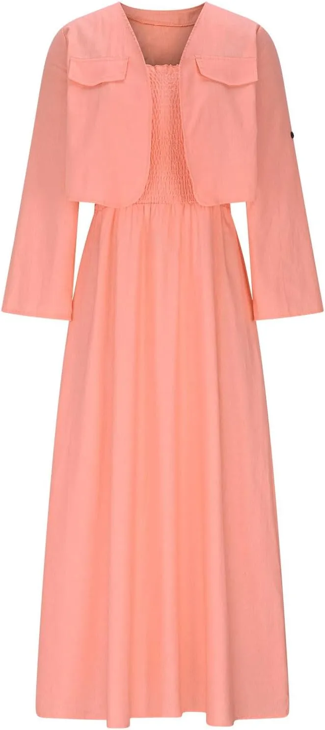 DDAPJ pyju Women's 2 Piece Outfits Casual Rolled Long Sleeve Open Front Cropped Jacket Smocked Sleeveless Maxi Dresses Sets