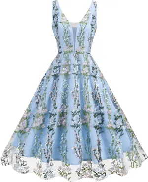 Deep V Neck Floral Embroidery Dress for Women Plunge Neck Sleeveless Embroidered Dress Summer A-line Tulle Flower Prom Dress Short Vintage Cocktail Wedding Party Evening Dress Blue XL