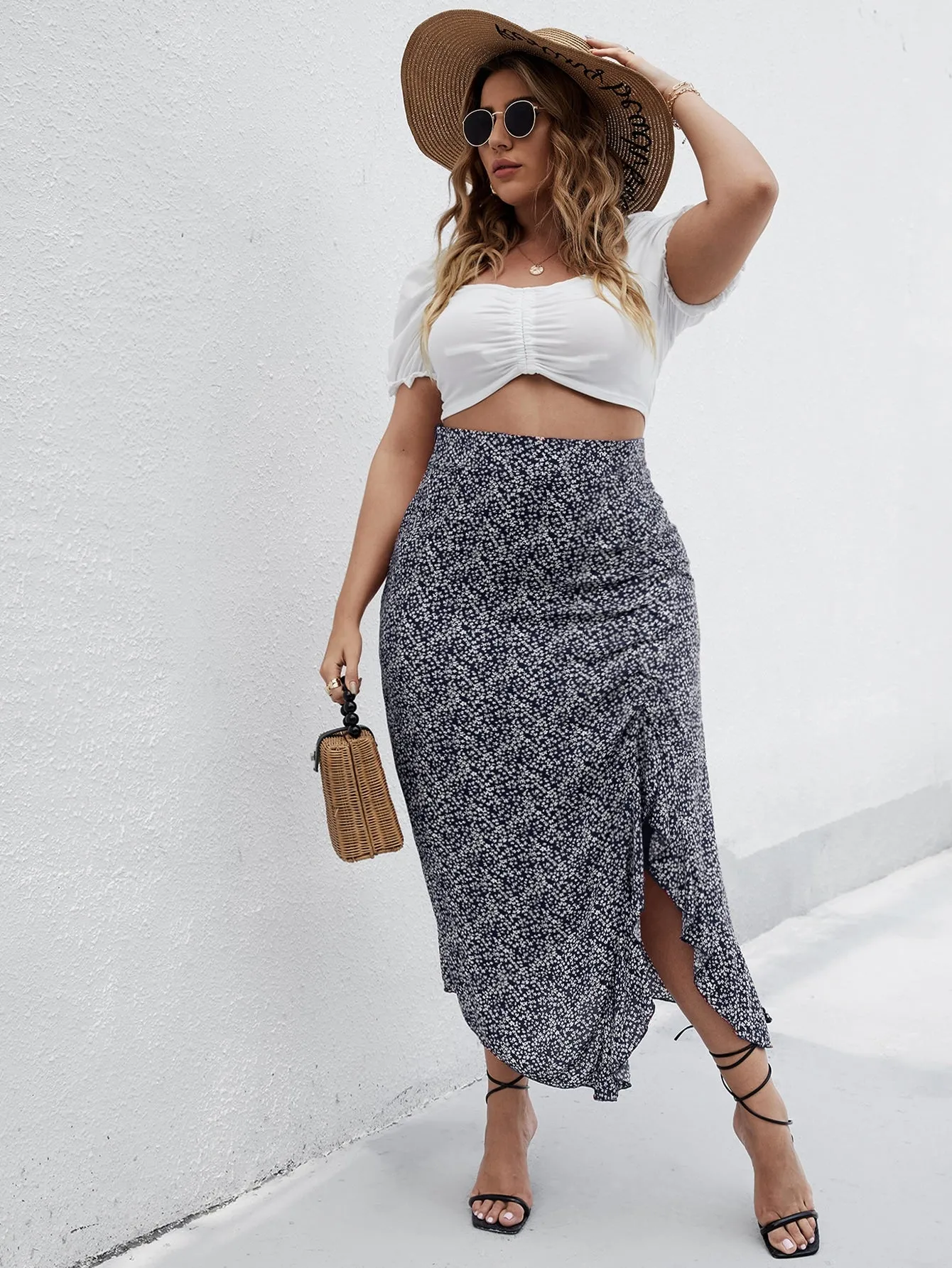 Ditsy Floral Split Thigh Long Plus Size Skirt