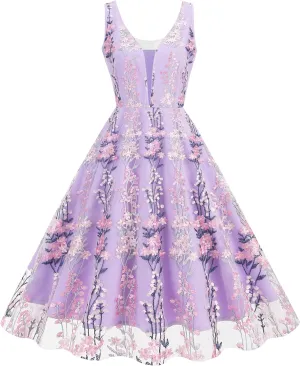 Double V Neck Floral Embroidery Dress for Women Plunging Neckline Sleeveless Flower Embroidered Dress Summer Fit and Flare A-line Tulle Dress Vintage Cocktail Wedding Guest Party Dress Purple XL