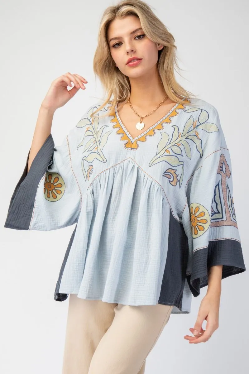 Embroidery Detailing Cotton Gauze Babydoll Top Plus Curvy