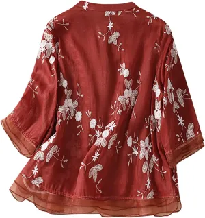 Embroidery Tops for Women Casual Mexican Cotton Linen Blouse Boho Short Sleeve Tshirt Summer Fiesta Shirts