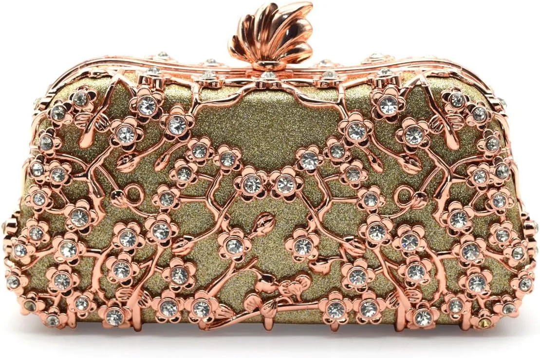 Evening Clutch Purse for Women Formal, Metallic Evening Handbags Metal Chain Shoulder Bag, Rhinestone Purse