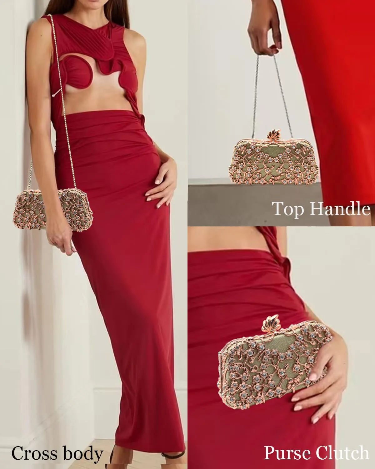 Evening Clutch Purse for Women Formal, Metallic Evening Handbags Metal Chain Shoulder Bag, Rhinestone Purse
