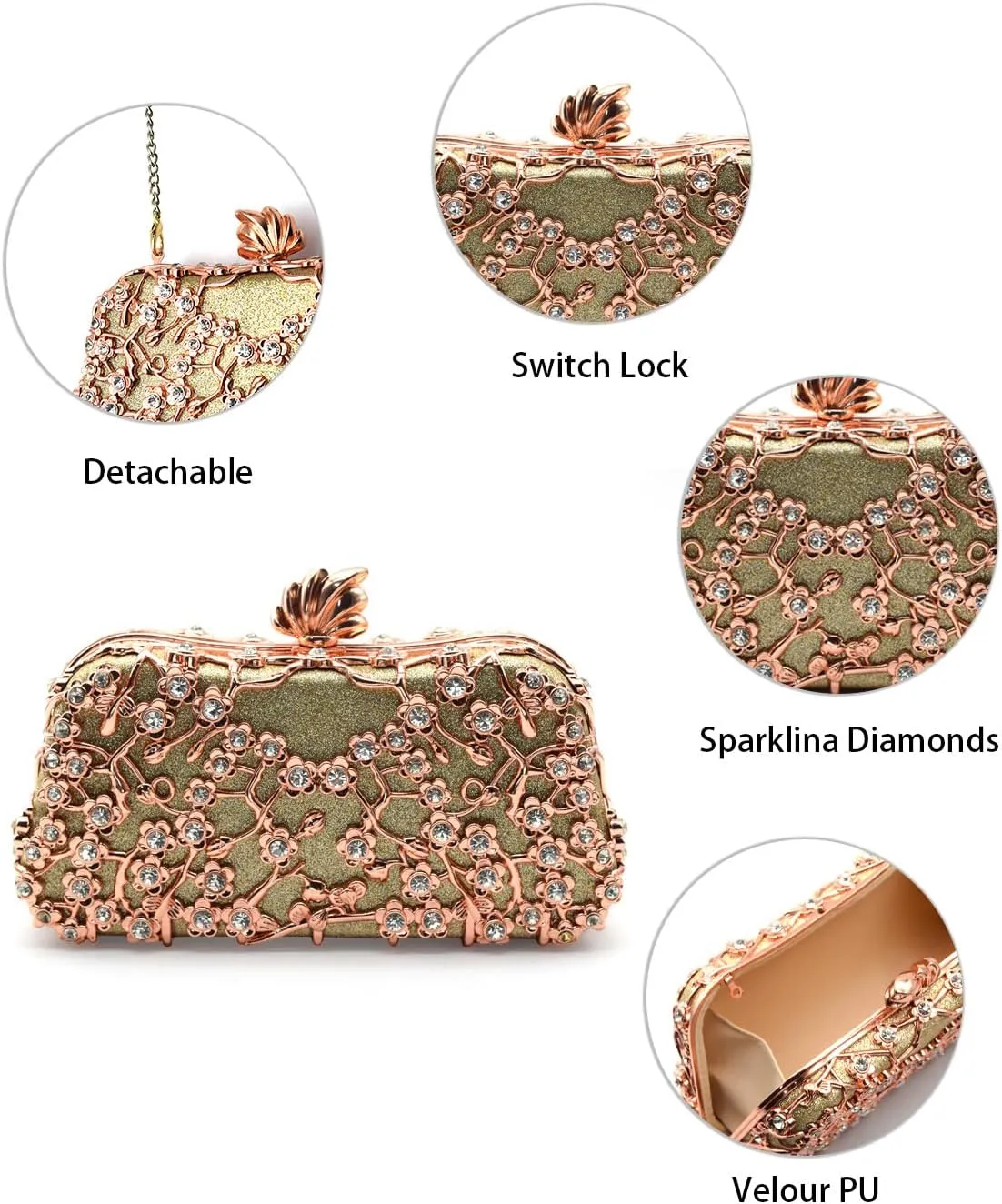 Evening Clutch Purse for Women Formal, Metallic Evening Handbags Metal Chain Shoulder Bag, Rhinestone Purse