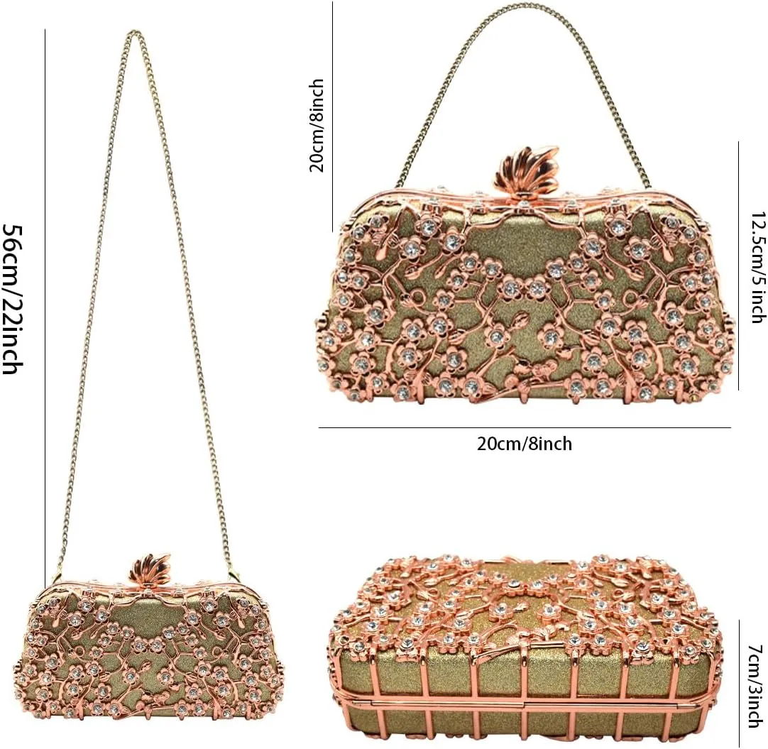 Evening Clutch Purse for Women Formal, Metallic Evening Handbags Metal Chain Shoulder Bag, Rhinestone Purse